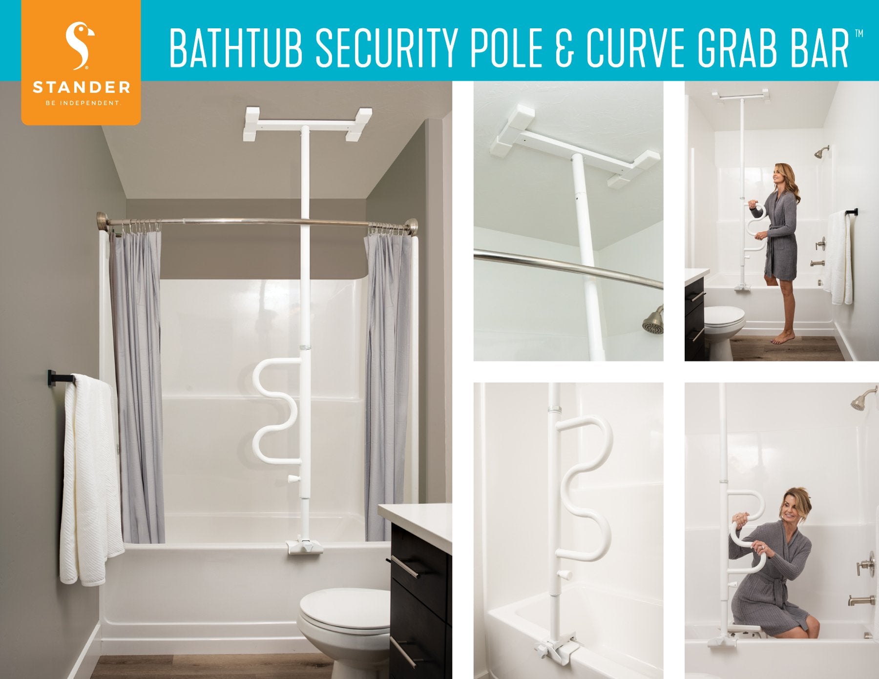 Stander 1120 Bathtub Security Pole & Curve Grab Bar